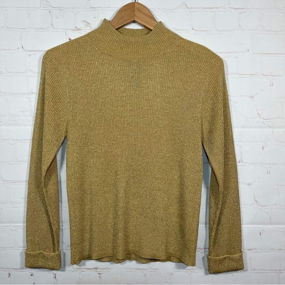 August Silk Ribbed Mock Neck Blouse Women’s Small Mustard Silk Metallic